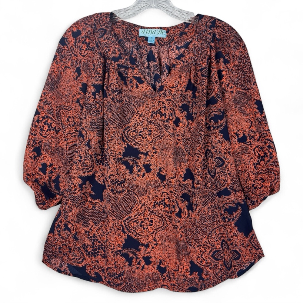 AINA‎ BE Navy Blue Orange Blouse Top Womens Size Small 3/4 Sleeve V-neck